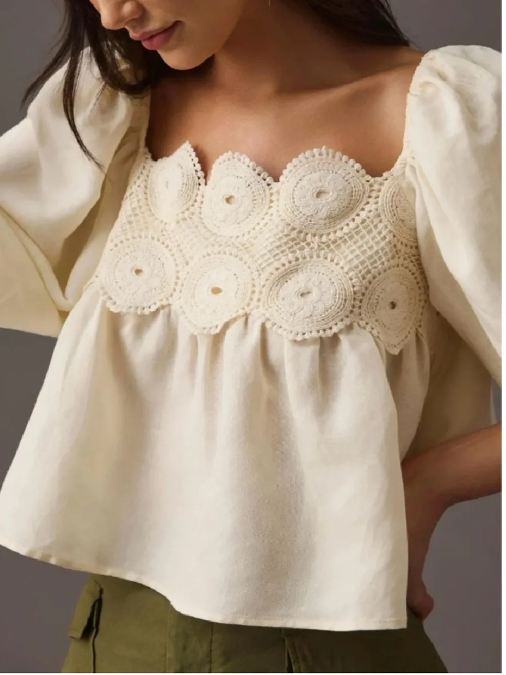 Anthropologie Cream Crochet Yoke Puff-Sleeve Blouse